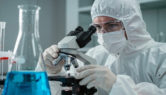 Lab assistant using microscope in laboratory during research  