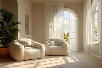Spacious living area with soft chairs and large windows, creating a warm, inviting atmosphere filled with natural light.