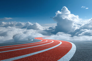 Curved running track leading into the sky above clouds, symbolizing goals, ambition, dream, journey, challenge, and achievement. Copy space