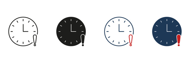 Clock With Exclamation Mark Line And Solid Icon Set. Urgency, Deadline, And Time Management Alert Symbol Collection. Reminder And Notification Concept. Isolated Vector Illustration