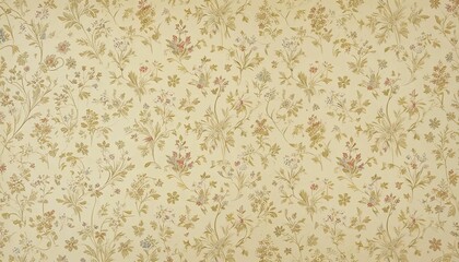 Wallpaper print from 1980s farmhouse kitchen, tiny floral motifs in repeating diamond layout, pale yellow background.