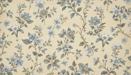 Obraz premium Seamless floral wallpaper from 80s country kitchen, beige and dusty blue color palette, small flower clusters and vines, worn paper texture