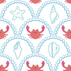 Seashells and crab scallop seamless pattern, Sketched nautical starfish ornament, White and blue coastal design for fabric, wallpaper, cards, and decor