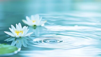Two white water lilies floating on a calm blue water surface with gentle ripples. © UnPhouvith