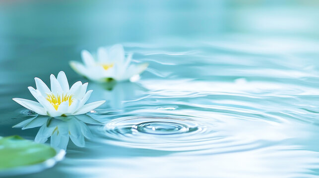 Two white water lilies floating on a calm blue water surface with gentle ripples.