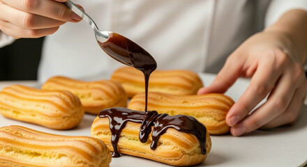 Hands pouring melted dark chocolate over a row of choux pastry, making delicious eclairs.