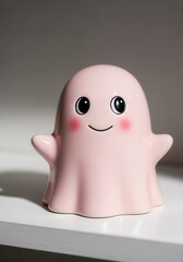 Cute pink ceramic ghost figurine with blushing cheeks on white shelf for Halloween decor