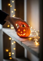 Hand placing miniature jack-o'-lantern with string lights on wooden shelf for Halloween decor