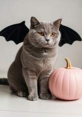 Gray cat with bat wings next to pink pumpkin for Halloween