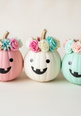 Pastel pumpkins with floral crowns and smiling faces for whimsical Halloween decor