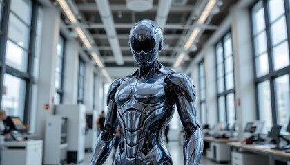 imagine a futuristic scene where a sleek, cutting edge robot stands proudly in a state of the art robotics laboratory, the robot, exuding an aura of sophistication and innovation