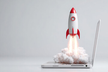 Rocket launching from laptop keyboard with smoke and flames, symbolizing startup, innovation, speed, technology, and creativity. Copy space