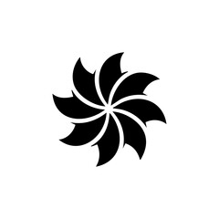 Minimalist black vector icon of a rotating aperture flower shape, symbolizing creativity, energy, and abstract design flow.
