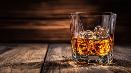The luxurious glass of whiskey filled with ice on a rustic wooden table.