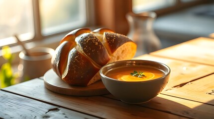 Modern flat design illustration of Challah bread and soup on a rustic table in sunlight. Blurred bokeh effect, sharp subject focus, soft background, simple two-dimensional shapes 