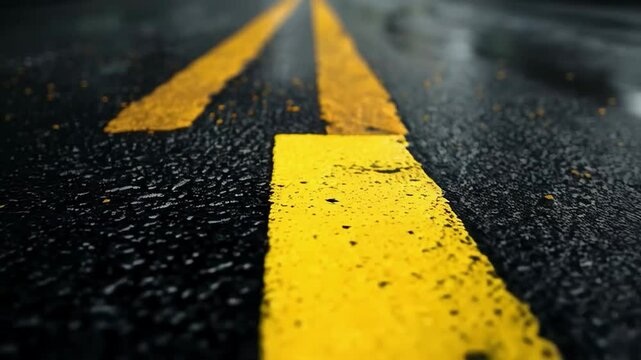 Wet asphalt with yellow dividing lines, reflecting light. Applicable in materials about road safety and urban infrastructure.
