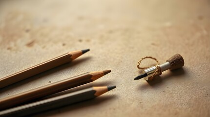 High-angle, soft cinematic view of brown and beige brow pencils and spoolie on kraft paper background, with soft focus, hazy background, and elevated perspective