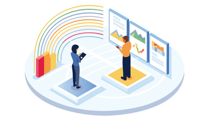 Two people presenting business charts and a funnel diagram on presentation boards in a meeting