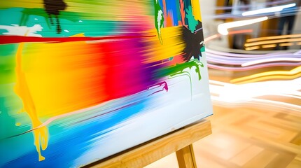 Long exposure photograph of a close-up of a colorful abstract painting on a wooden easel, capturing motion or light trails 