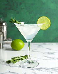 Crisp cocktail in a salted-rim martini glass with rosemary and lime garnish, resting on marble with a rich green backdrop elegant and refreshing.