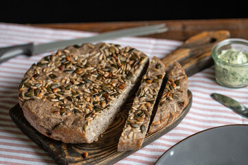 Homemade Green Buckwheat Bread Made in Multicooker with Herb Butter