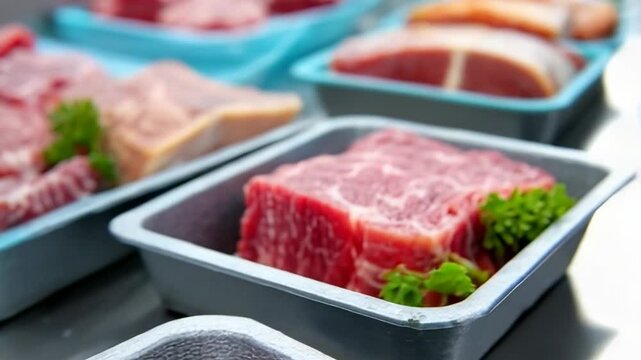 Fresh meat in plastic trays