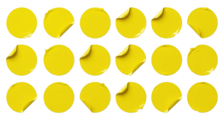 Collection of yellow circle stickers with curled corner isolated on transparent background