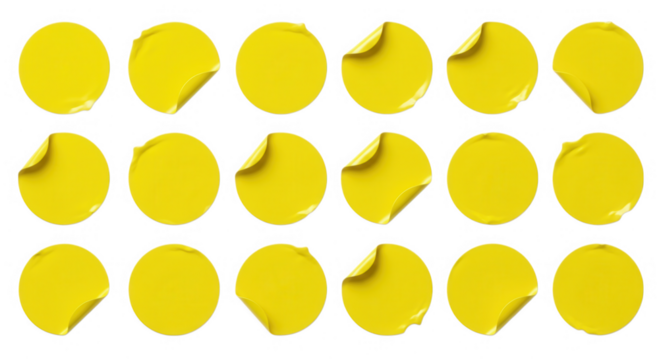 Collection of yellow circle stickers with curled corner isolated on transparent background