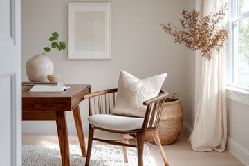 Cozy workspace featuring natural elements and warm tones, inviti