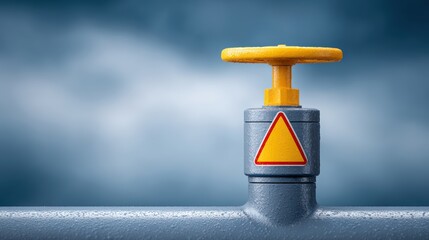 World economy in crisis, A close-up of a metallic valve with a yellow handle and a warning sign on a pipe against a blurred blue background.
