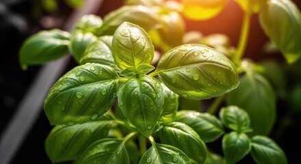 Obraz premium Vibrant green basil leaves thriving in a garden, glistening with fresh water droplets and illuminated by warm sunlight, create an aromatic scene of natural growth
