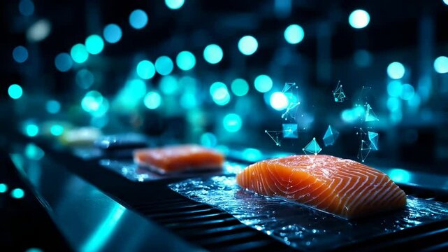 Fresh salmon on a conveyor belt.  Modern food processing