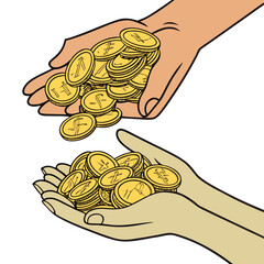 detailed illustration, hands holding gold coins, detailed realistic style, highly detailed, photorealistic, 8k, digital art
