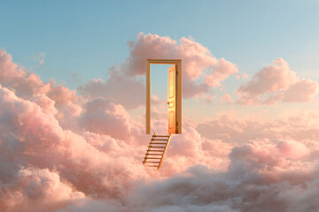 Golden door floating above clouds with ladder, symbolizing opportunity, dream, freedom, imagination, new beginning, and hope. Copy space