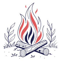 campfire, log pile, flames, nature, outdoors, illustration, minimalist, vector art
