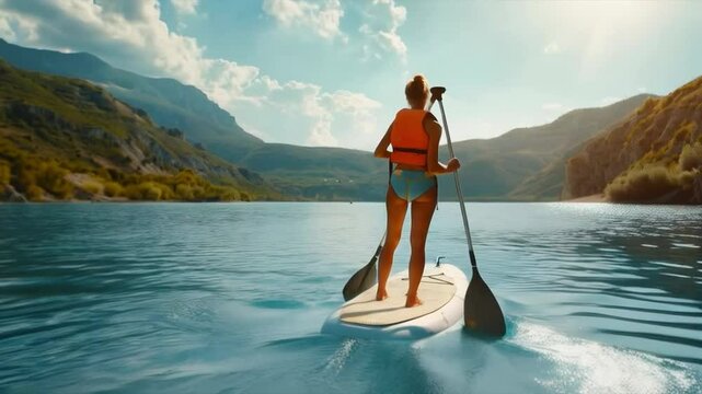 Man on a surfboard on calm water surrounded by picturesque mountains. Suitable for advertising outdoor activities and travel.
