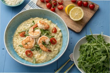Creamy shrimp risotto with arugula salad, on a blue dining table,with a high angle shot