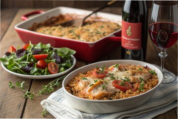 Creamy tomato chicken baked rice with arugula salad and sparkling grape juice, served with red wine, on a wooden table