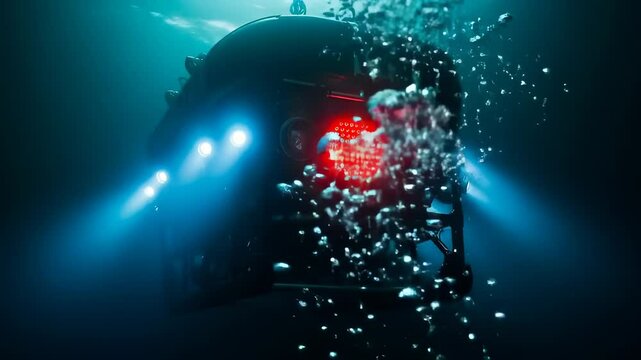 futuristic deep-sea submersible with bright blue and red lights is surrounded by rising bubbles in the dark ocean depths.