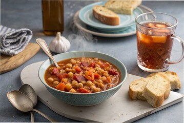 Mediterranean tomato chickpea stew with garlic bread and iced tea, on a grey-blue table