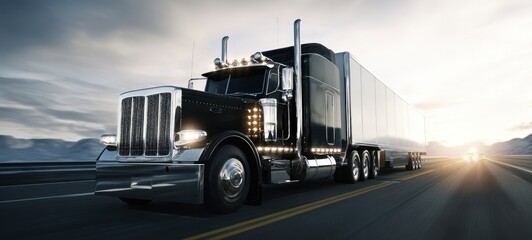 The powerful truck cruising along a scenic highway at sunset.