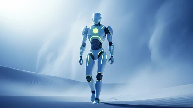 sleek futuristic humanoid robot walks purposefully across a desolate misty blue landscape leaving distinct footprints.
