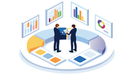 Two men analyzing a pie chart and bar graph on a screen in a business setting for data analysis