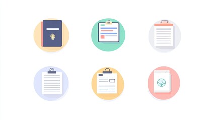 Fototapeta premium Flat Design Icons Representing Documents, Forms, and Business Concepts on White Background