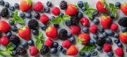 Fototapeta premium The vibrant assortment of fresh berries beautifully arranged on a textured surface.