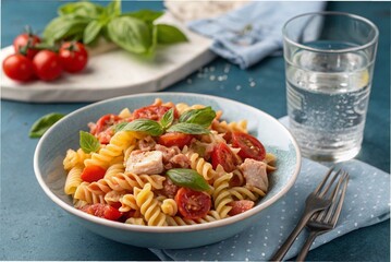 Tomato tuna fusilli with basil leaves and soda water, on a blue-grey table