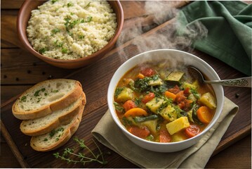 Vegetable stew with herbed rice and buttered bread on the wooden table