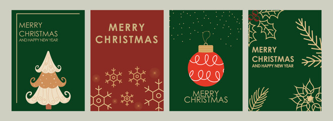 Merry Christmas and Happy New Year greeting card Set. Modern elegant Xmas design with typography, Christmas tree branches, balls, snowflake pattern. Minimal art banner, poster, cover templates
