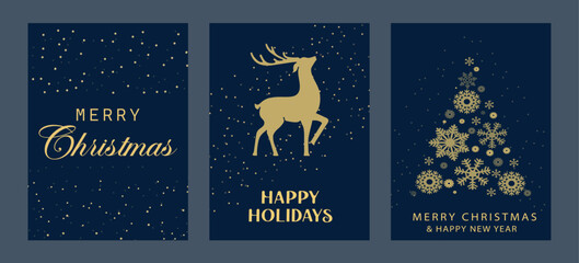 Luxury golden greeting card with Merry Christmas and Happy New Year in deep blue background. Christmas tree, deer made of gold foil on dark blue background. Vector illustration