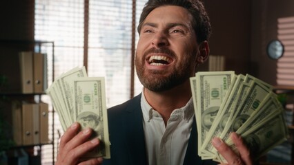 Happy excited winner rich Caucasian middle-aged 40s adult man business investor businessman male...